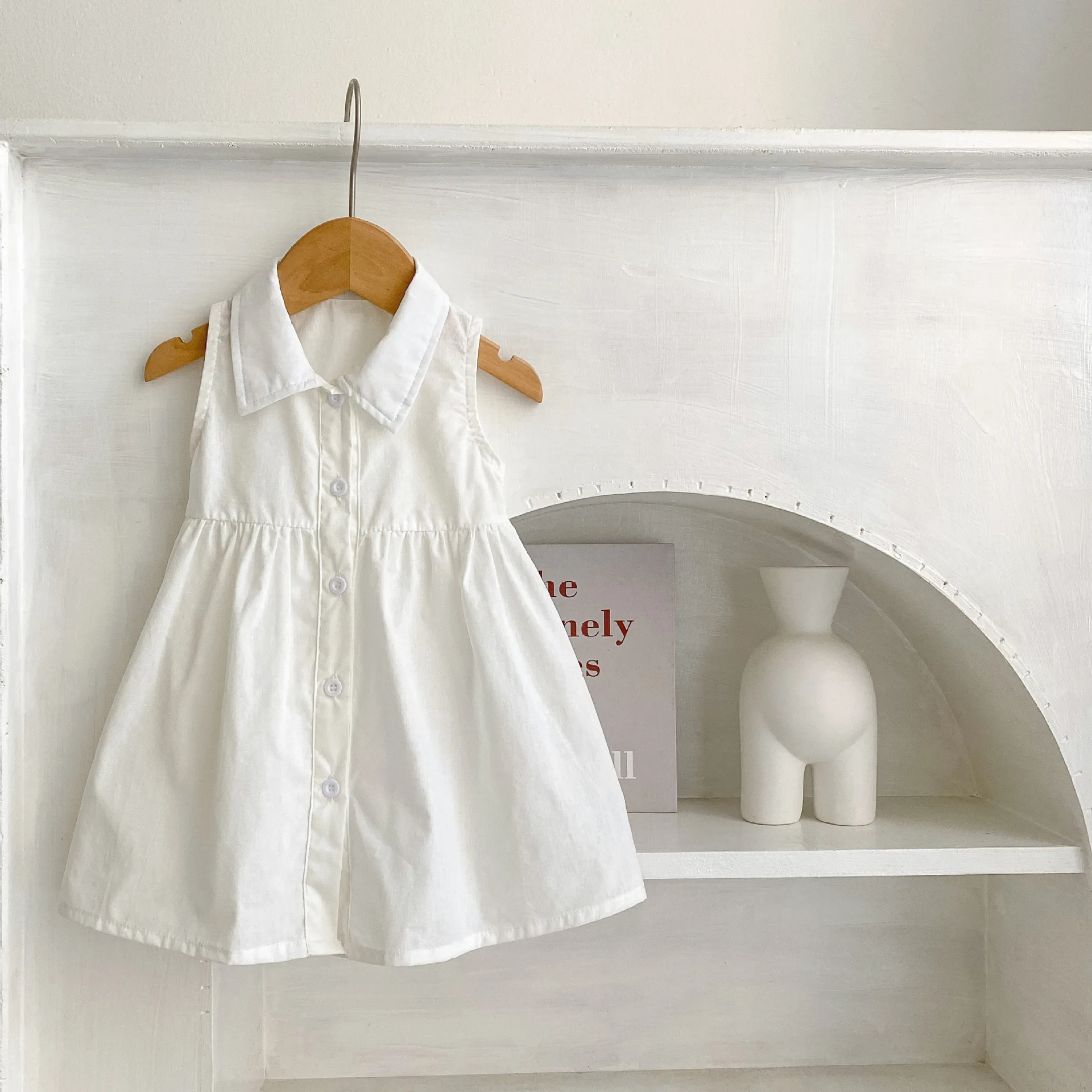 2024 Summer Infant Shirt Dresses Toddler Girl Baby Shirt Dress Small Pointed Neck Sleeveless All Cotton Cardigan Ladies Shirt