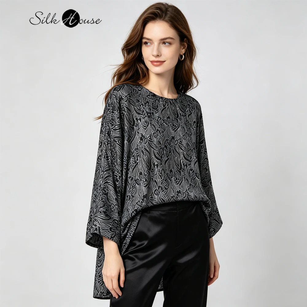 

Women's Fashion Early Autumn New 37% Natural Mulberry Silk 37% Wool Silver Thread Interwoven GuanLe Crepe Long Sleeve T-shirt
