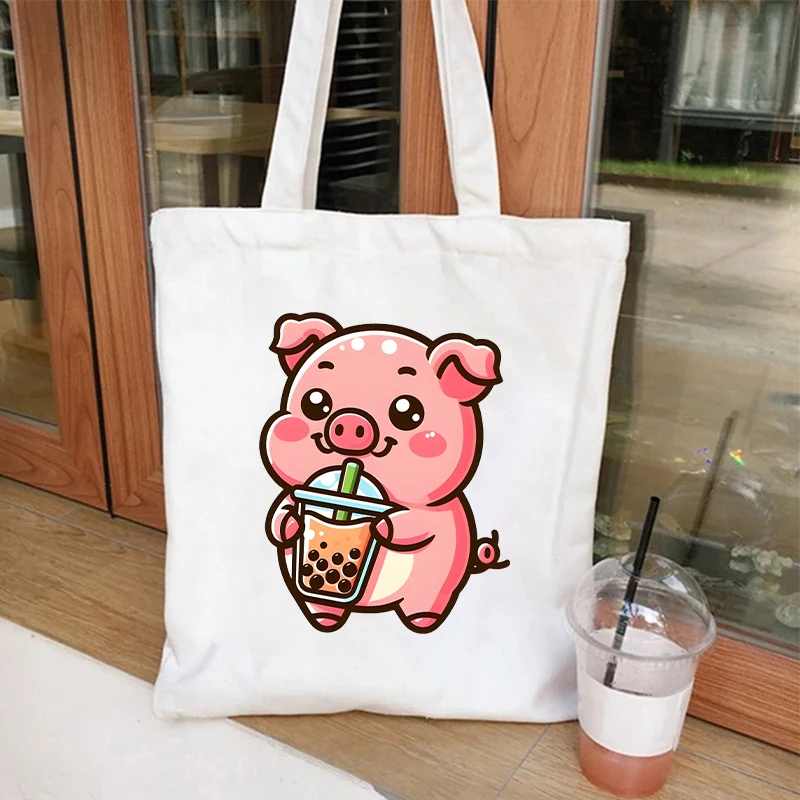 Canvas Bag Corgi Dog with Bubble Tea Boba Tea Print Canvas Bag Lightweight Shoulder Bag Versatile Shopping Bags Holder Handbag