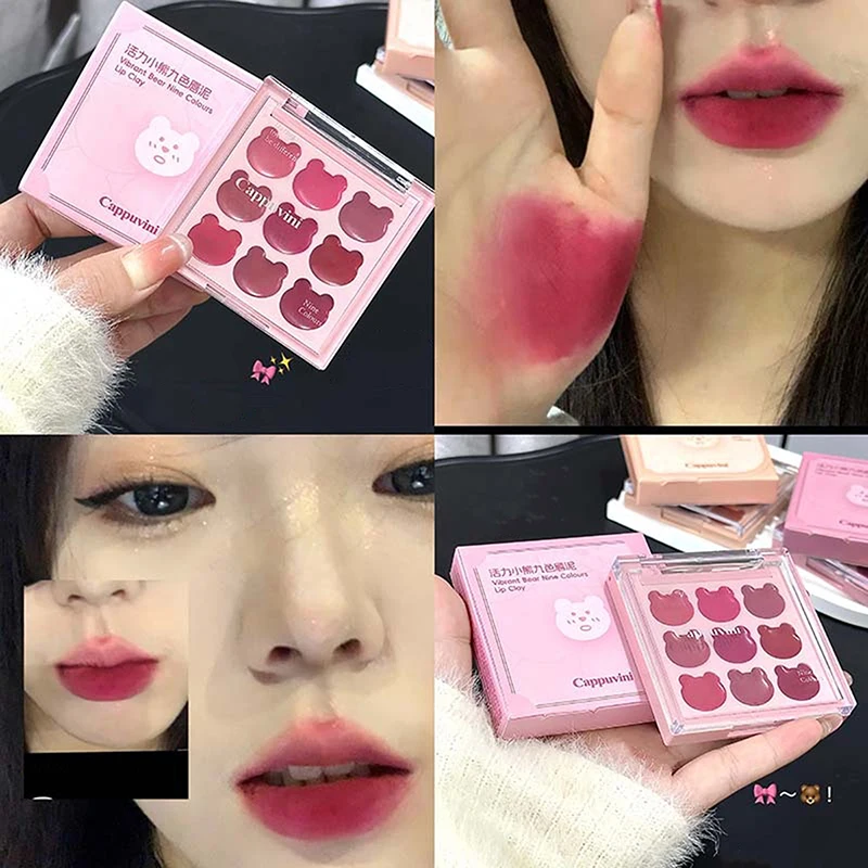Cappuvini 1 pz Palette di Mousse Labbra Effetto Velluto Design Orsetto Carino 9 Colori Finitura Opaca Naturale Lunga Durata Rossetto Non Seccante Lip Mud
