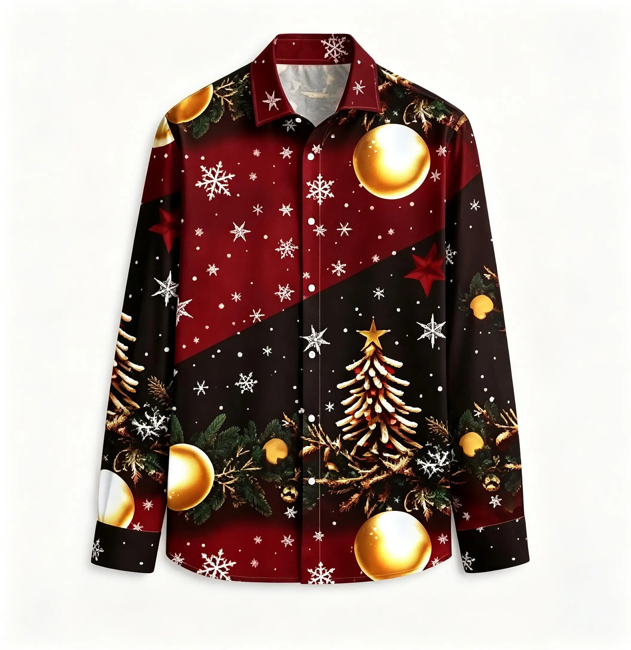 Men Long Sleeve Shirt Red Black Christmas Tree Bauble Snowflake Full Print Button Down