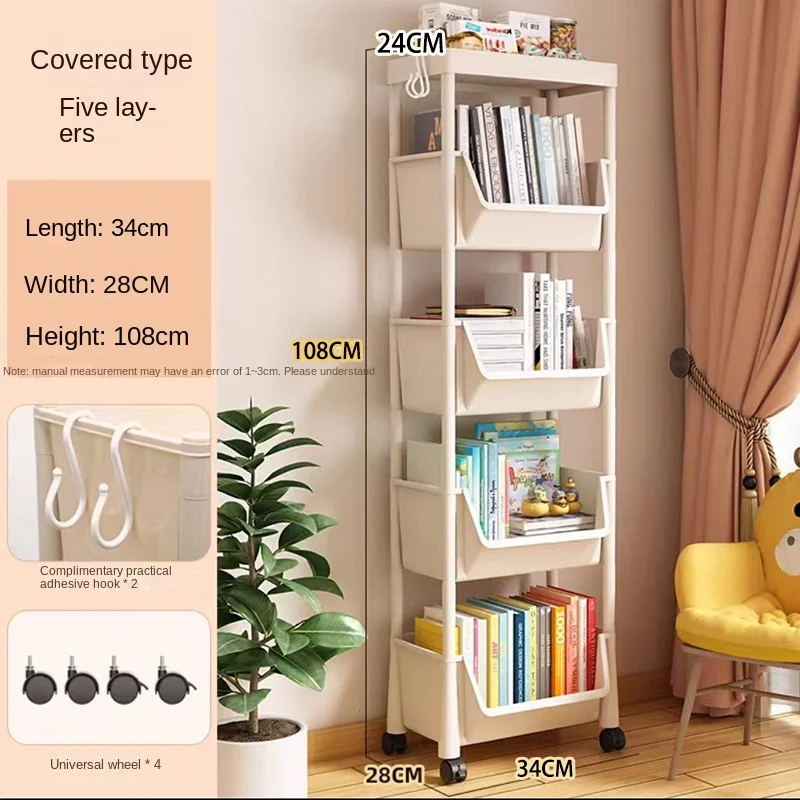 Portable Bookshelf With Wheels Removable Simple Bookshelf Storage Rack Creative Home Decor Bookrack Children's Book Organizer