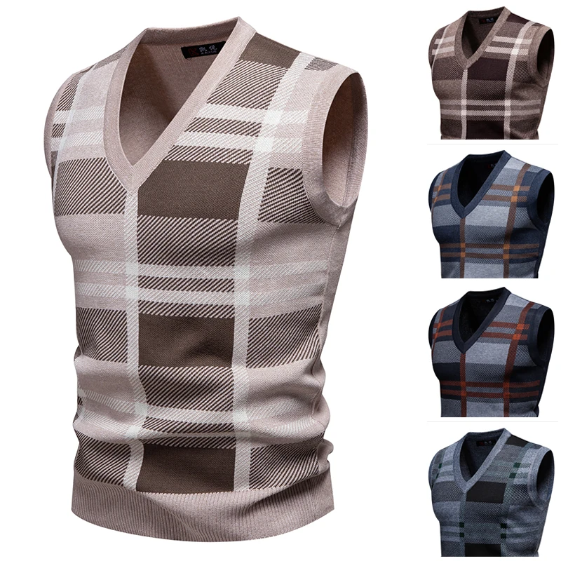 

Mens Soft Sweater Vest Spring Autumn Sleeveless Knitted Pullover Husband Dad Fashion Knitted Vests Black Grey Plaid M-2XL