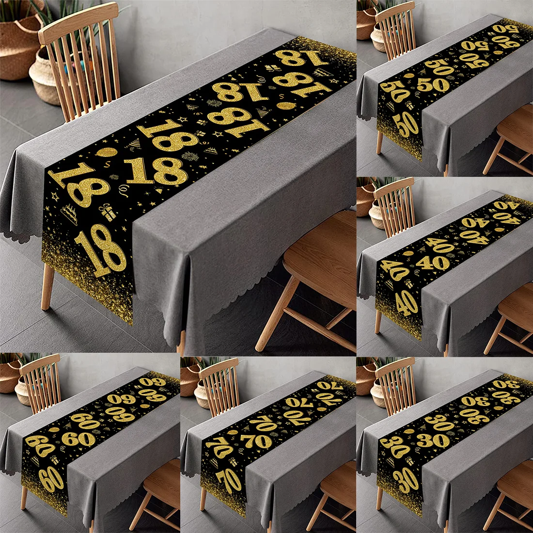 1pc Black Golden Happy Birthday Polyester Table Runner Party Table Cover For Indoor/Outdoor Birthday Party Dining Room Decor