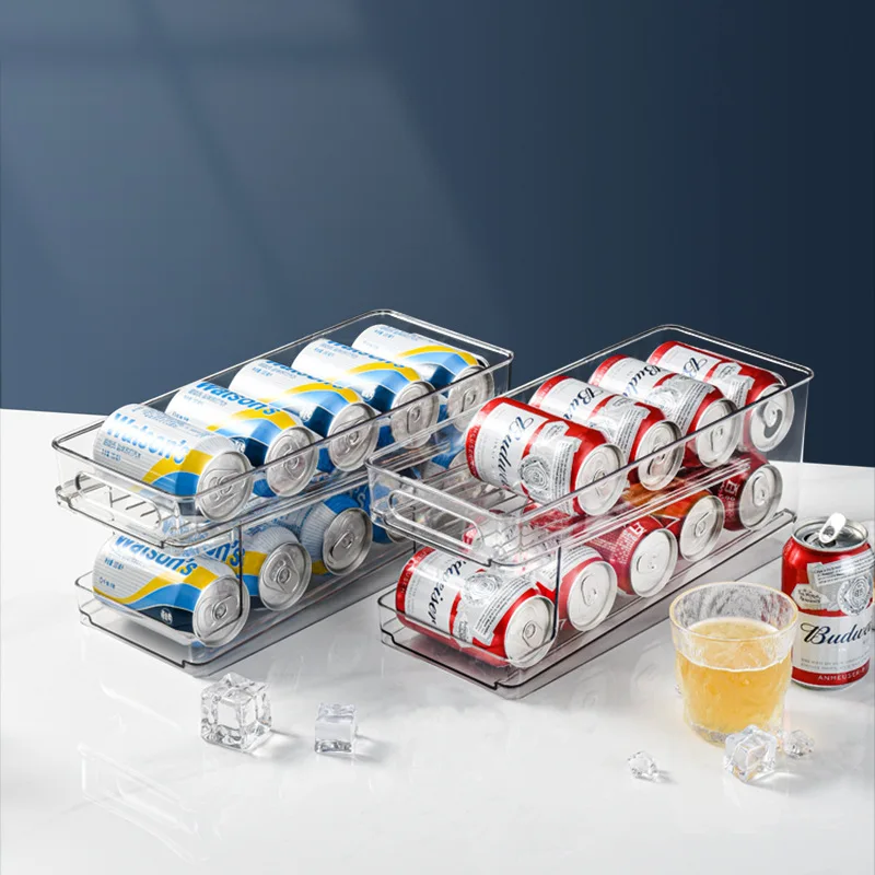 Kitchen Fridge Organizer Pull-out Double-layer Can Storage Box Transparent Self-rolling Beverage Storage Rack Kitchen Items