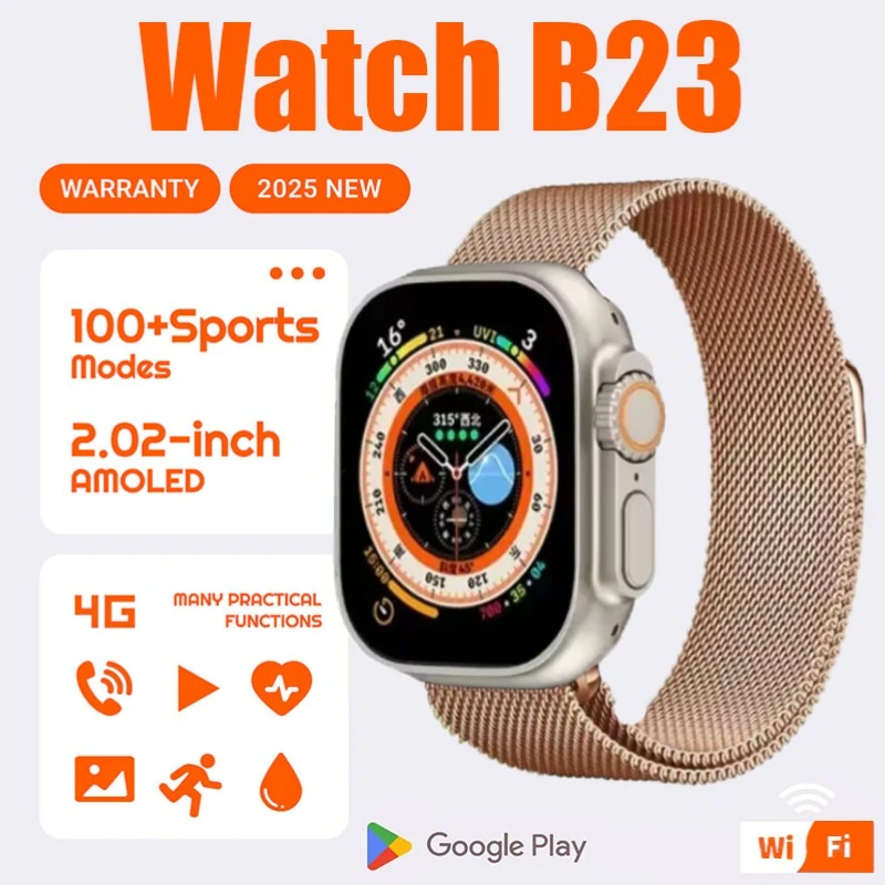 

B23 5G Сетевая SIM-карта 2,1 дюйма Amoled GPS WIFI Global Call Смарт-часы Мужчины Ultra s10 Android 9.0 Смарт-часы яркий дисплей