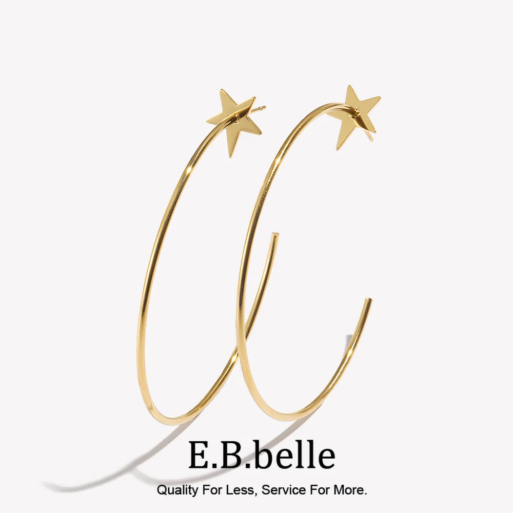 18K Gold Plated Stainless Steel Large Star Hoop Earrings For Woman Hypoallergenic Pentagram Thin Big Round Loop Earrings Jewelry