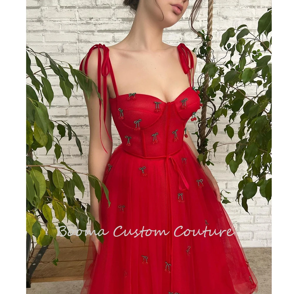 Booma Red Tulle Midi Prom Dresses Cherry Sweetheart Spaghetti Straps A-Line Prom Gowns Zipper Tea-Length Evening Party Dresses