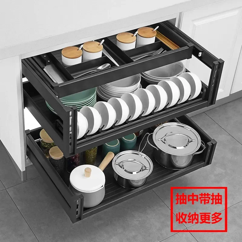 3 Tier Kitchen Cabinet Pull Out Basket Space Aluminum Drawer Organizer for Dishes Bowls Storage Rack Cupboard Wire Shelf Unit