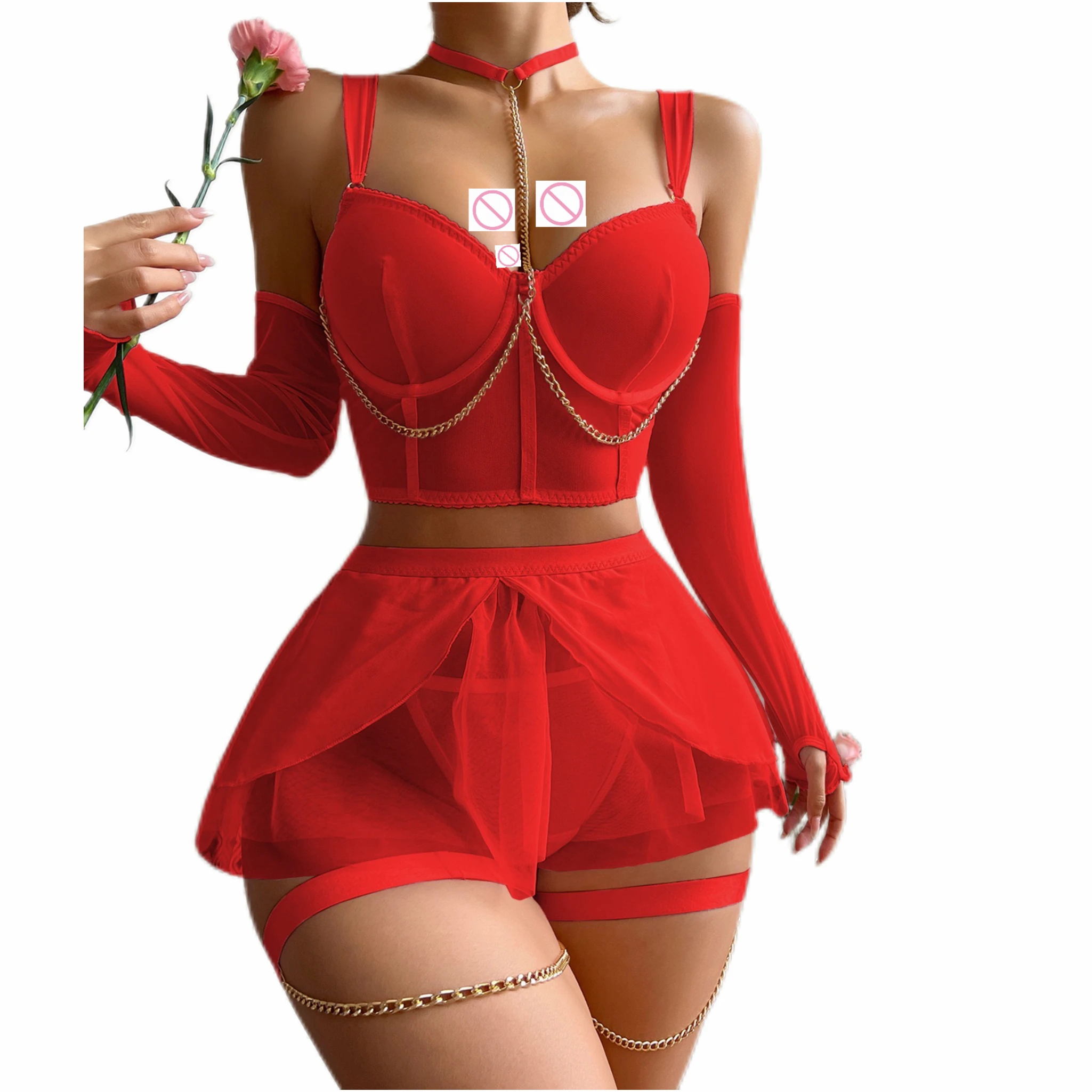 

1 Set Red Lace-Up Bustier with Chain Detailing, Sheer Skirt & Gloves – Retro Sexy Lingerie for Date Nights & Private Events