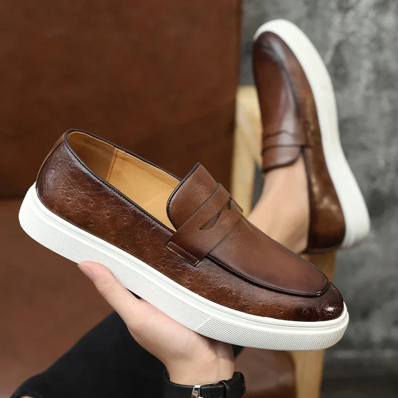 Black Men's Vulcanize Shoes Slip-On Brown Pu Leather Man Men Sneakers Shoes for Men with  Size 38-44