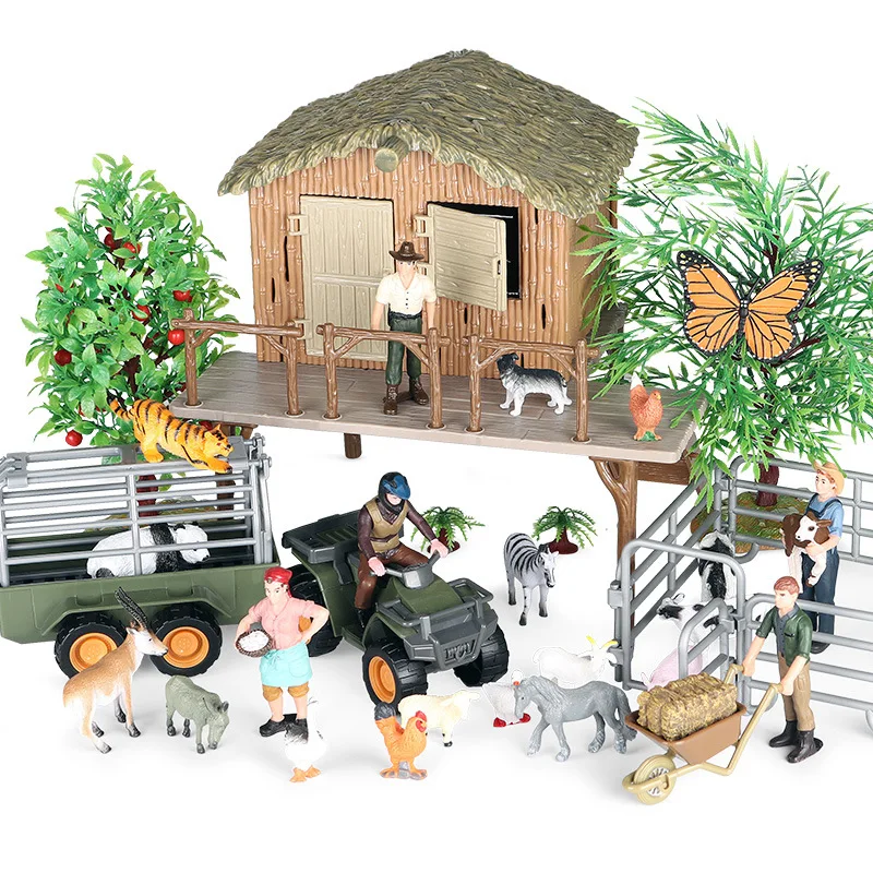 Children's Simulation Animal And Farm Life Model Removable Plastic Farm Ranch House Thatched Hut Scene Decoration Toy Set