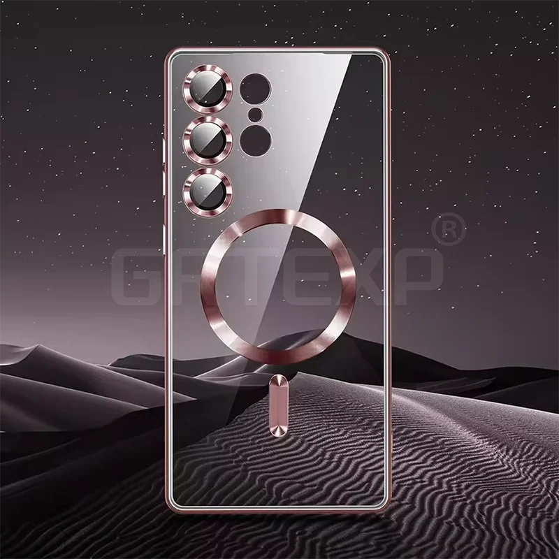 

Роскошный магнитный мягкий чехол для Magsafe, силиконовый чехол для Samsung S25 Edge S24 S23 S21 FE S22 Ultra Plus, прозрачный корпус с блестящим покрытием ﻿