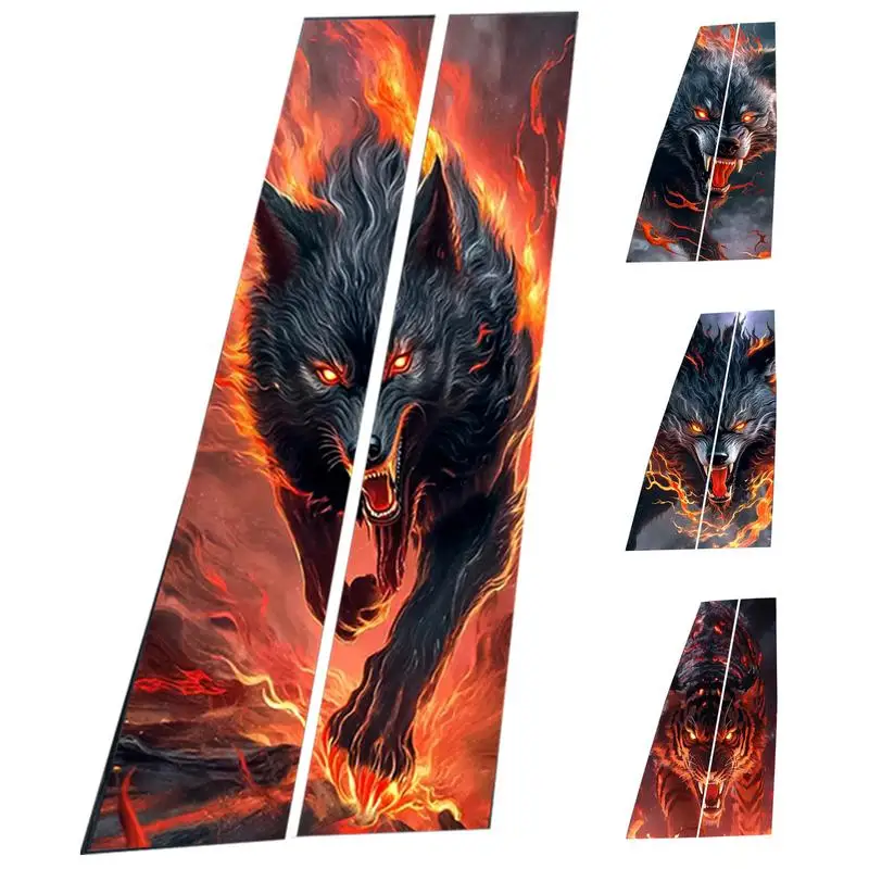 Car Center Pillar Sticker Car Center Column Sticker Black Wolf Engulfed In Flames Anti-Scratch Stickers Side Door Window Cover