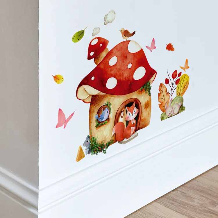 Cartoon Pilzhaus Wandaufkleber für Kinderzimmer Dekoration Wandbild Schlafzimmer Heimdekor Tapete Fuchs Hase Niedliche Tiere Aufkleber – Detail 6