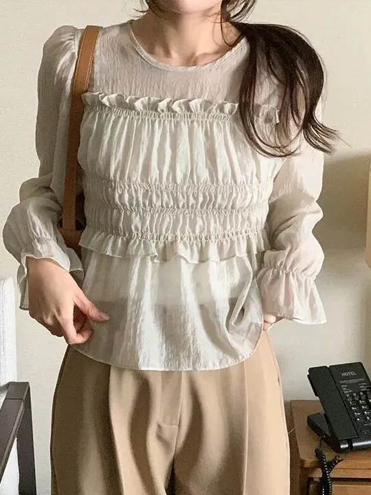 Sweet Feminine Wooden  Ruffle Sleeve Chiffon Top Women Early Spring New Waist Cinching Slimming Thin Style Korean Fashion