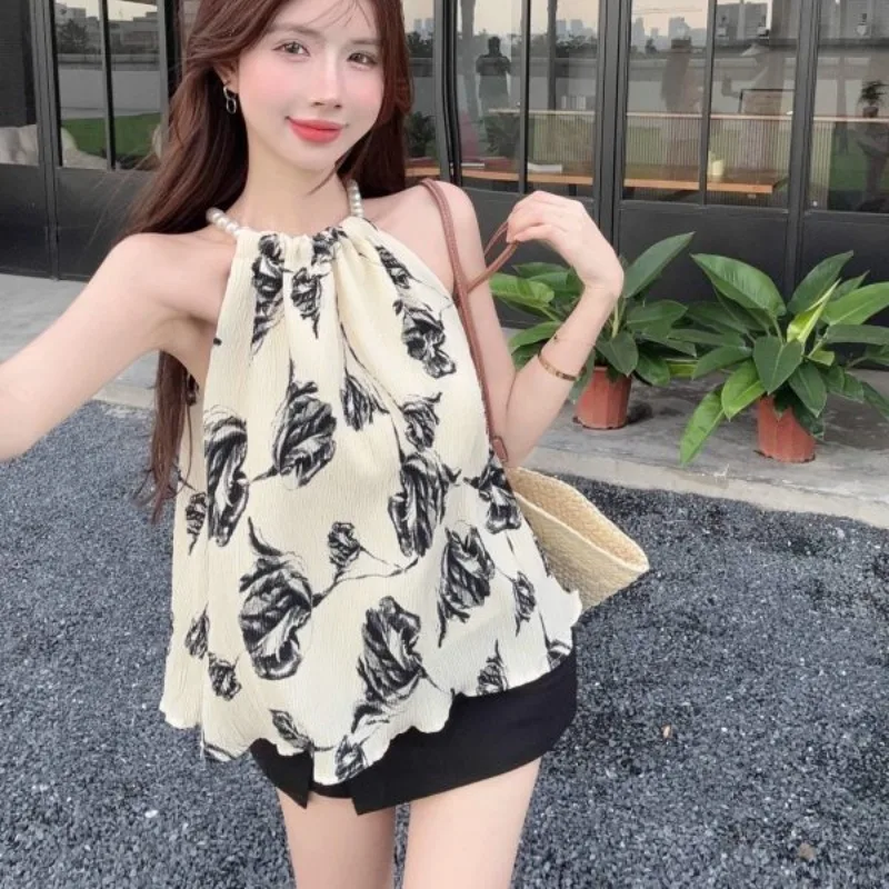 Camis Women Ink Painting French Style Chiffon Summer Halterneck Sweet Spicy Girls Loose Fit Popular Streetwear Backless Tops