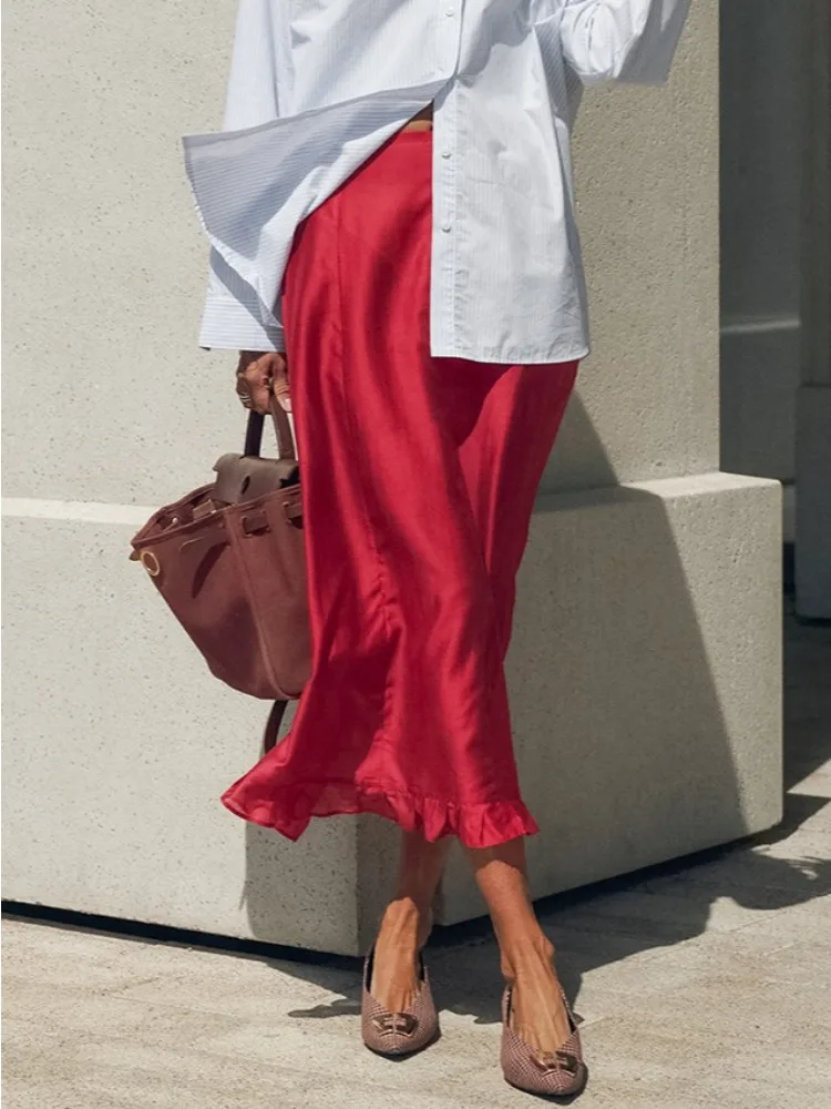 LIinar Street Chic Red Long Trumpet Skirts For Woman 2026 Autumn Vintage Loose High Waist Skirts Casual Ruffles Mid Calf Skirt