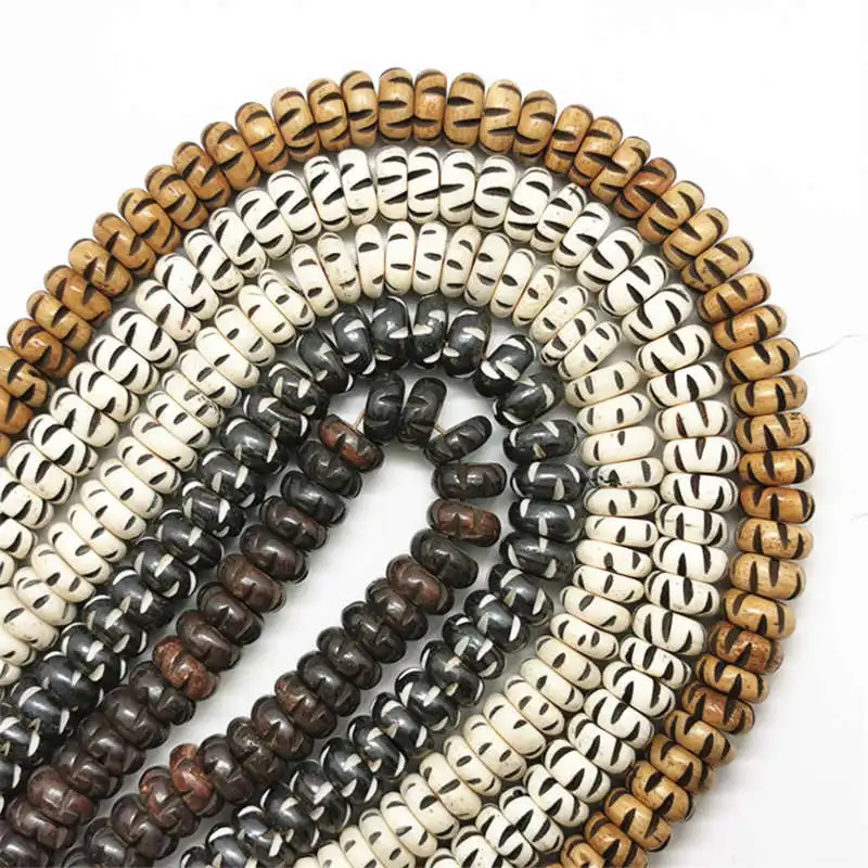 Tibetan Prayer Beads Malas 108 Yak Bone Caved Disc Beads Strand 13x5mm Multi Colors BRO869
