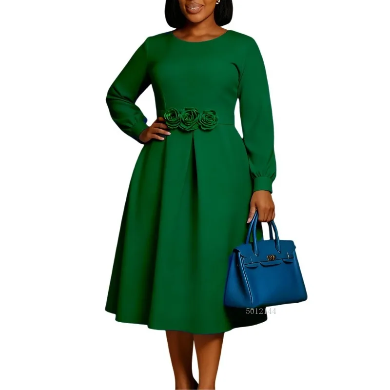 جديد الخريف الشتاء أزياء المرأة الأفريقية طويلة الأكمام س الرقبة البوليستر عالية الخصر حزب مساء ميدي اللباس Dashiki فساتين الأفريقية