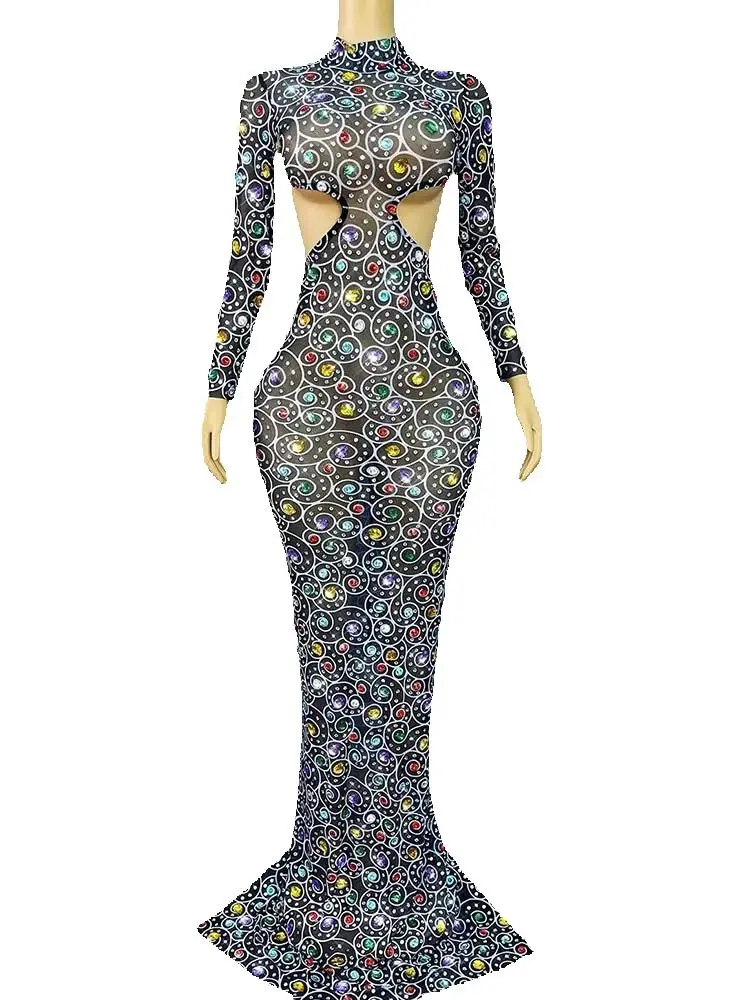 고품질 반짝이는 색상 핫 스탬핑 섹시한 백리스 메쉬 드레스 2025 신상 맞춤 여성 의류