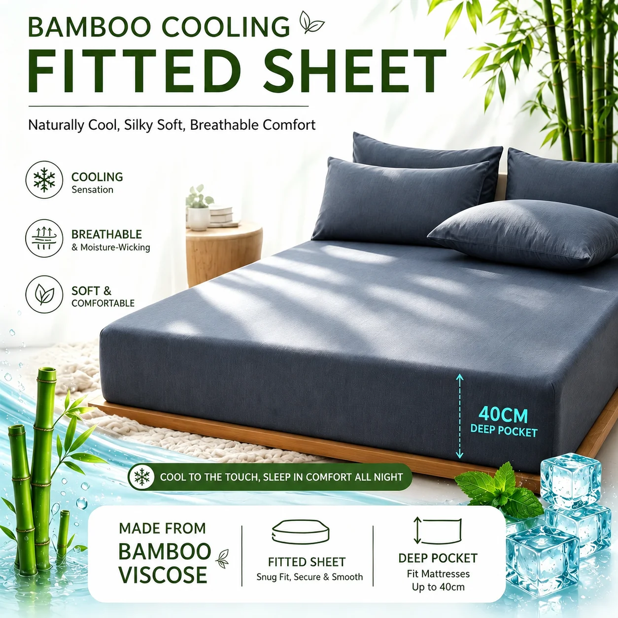 1pc Lençol Ajustável de Fibra de Bambu Refrescante, 40% Fibra de Bambu + 60% Microfibra, Capa de Colchão Respirável com Bolsos Profundos de 40cm