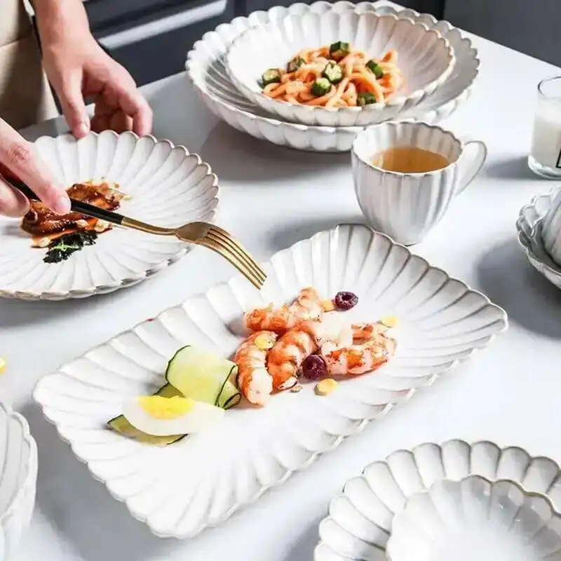 Kiln Changing Japanese Dinner Plates Ceramic White Glaze Tableware Set Western Steak Dish Salad Bowl Spoon Home Hotel Dinnerware