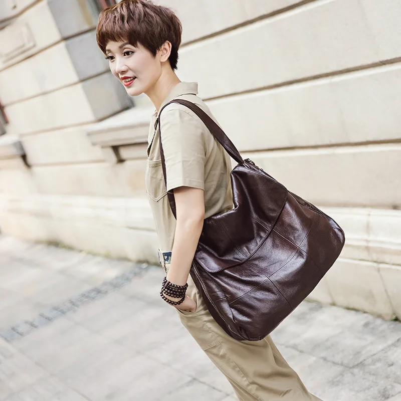 Women's Leather Tote Shoulder Genuine Bag Crossbody Y2k New Style Head Layer Cowhide Versatile Underarm Large Capacity Retro