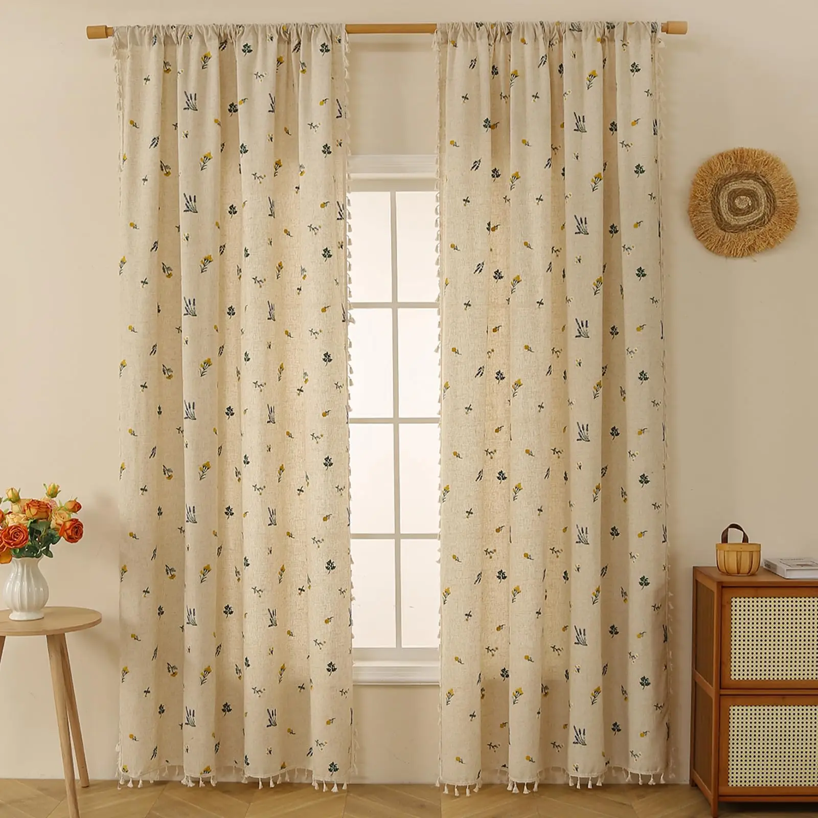 Boho Curtain Semi-Blackout Floral Print Cotton Linen Fabric, Handmade Tassels Farmhouse Country Window Drapes for Living Bedroom