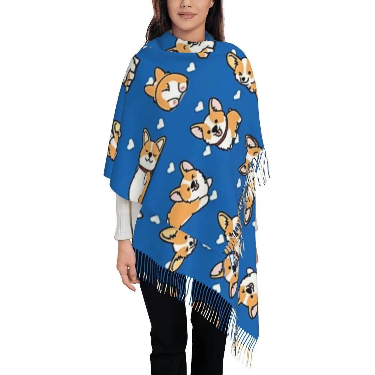 Kawaii Corgi Scarf Tassel Scarves for Women Soft Warm Shawls and Wraps Large Fall Winter Shawl Wrap