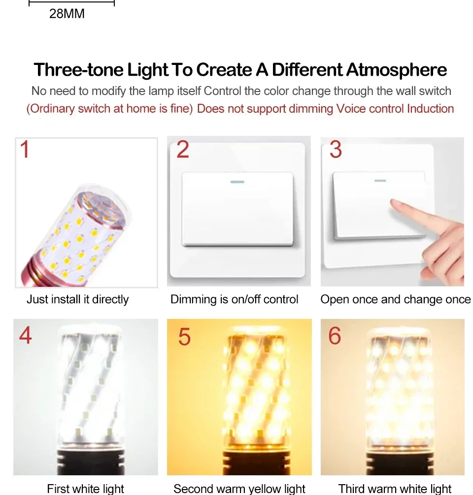AC 85V-265V LED Corn Bulb Tri-color Light 16/12W E14 Chandelier Candle Light E27 Lamp SMD 2835 Warm White 3000K Cool White 6500K