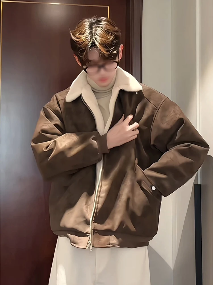 

Brown American Style Matte PU Leather Jacket Men's Thickened Winter Coat Warm Lapel Lamb Velvet Cotton Clothes Outerwear