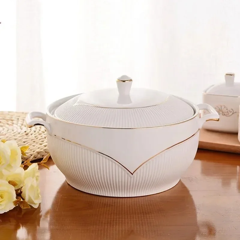 Ceramic Soup Pot White Round Nordic Phnom Penh 2.6L Large Bowl with Lid Cooking Utensils Household Kitchen Supplies Tableware