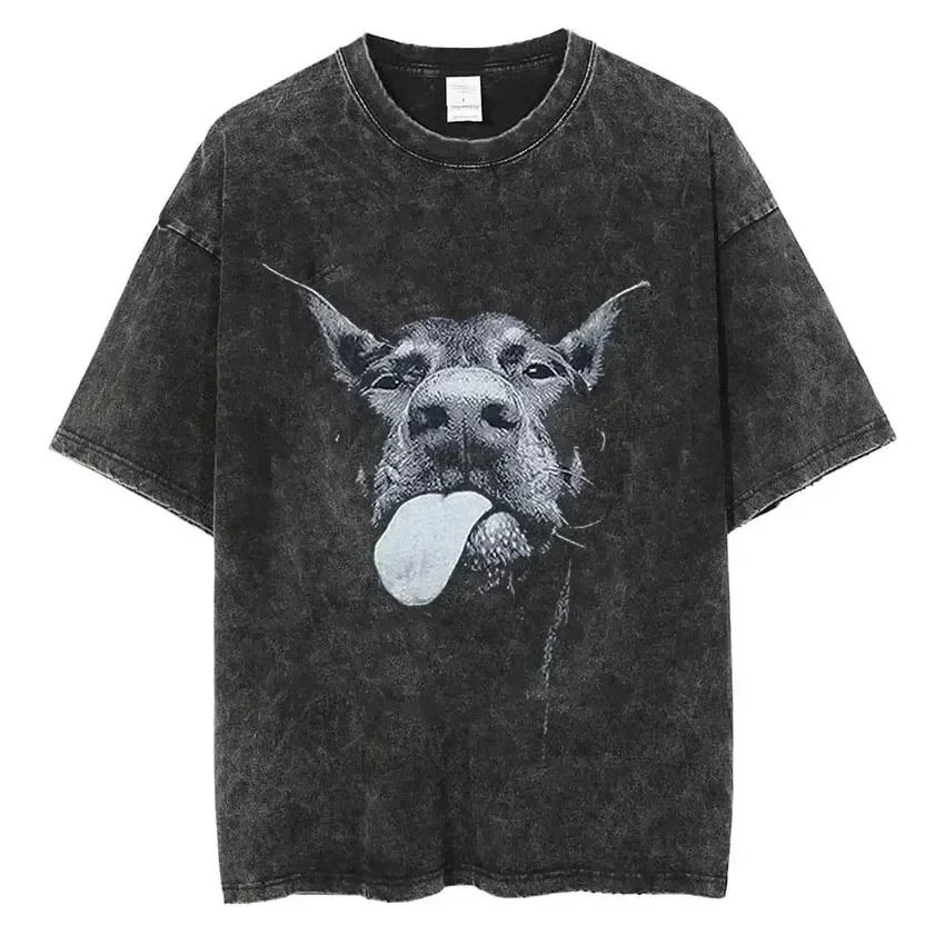 Rottweiler Doberman Vintage Washed T Shirt Men\'s Hip Hop Trend Short Sleeve T-Shirt Men Fashion Oversized T-Shirts Streetwear