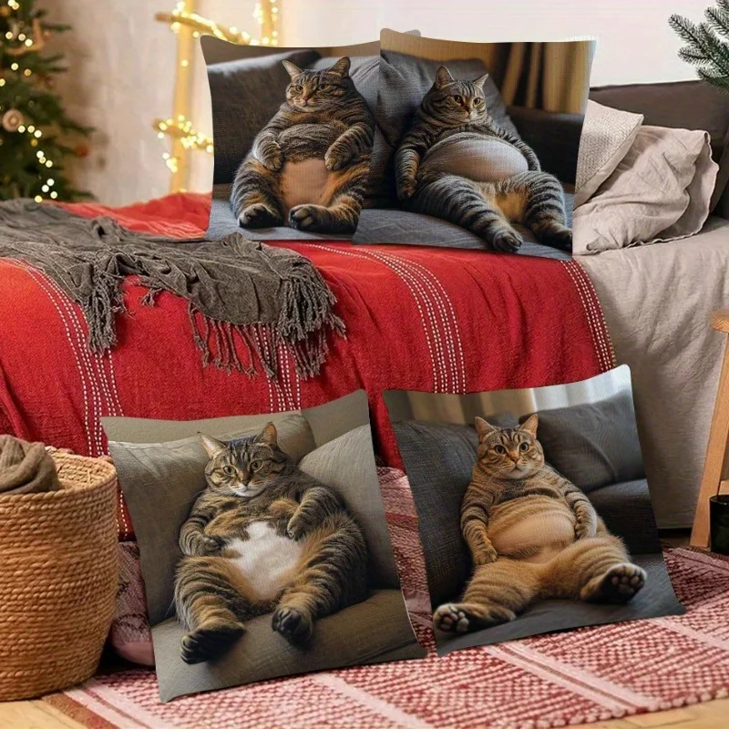 4pcs Modern Abstract Spotted Cat Design Throw Pillow Covers,for Home, Office, and Party Decor, 100% Polyester, Fat Cat Design