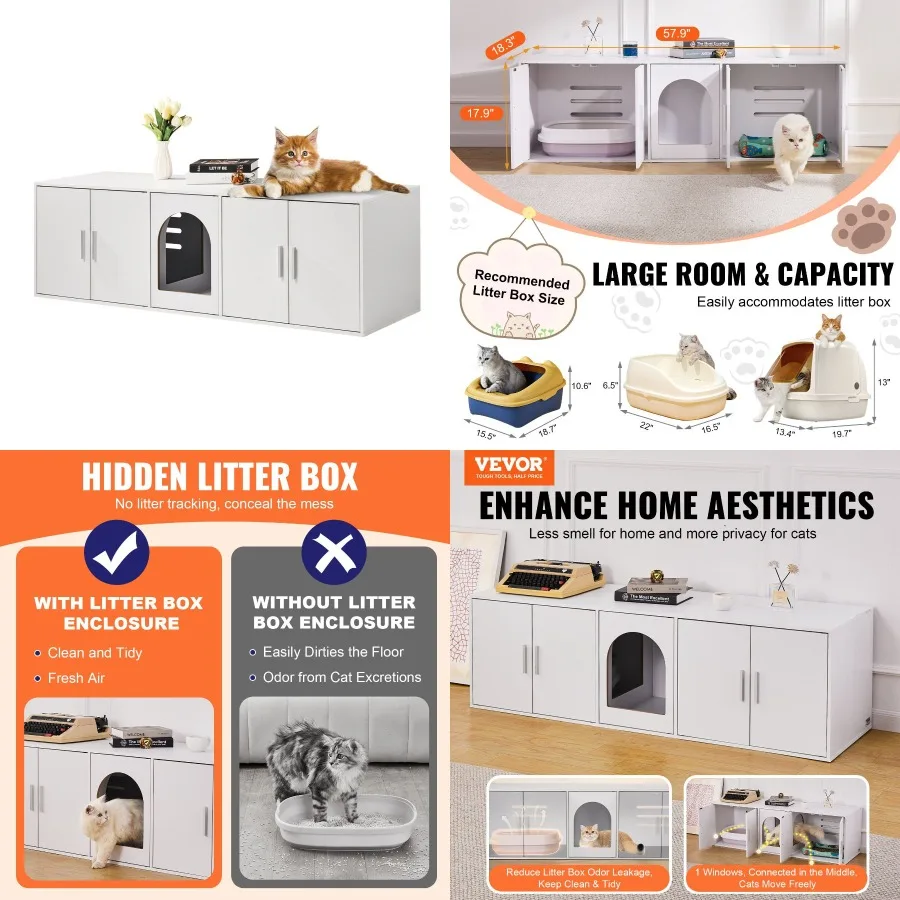 

Cat Litter Box Enclosure Wooden Litter Box Furniture Hidden 57.9" White