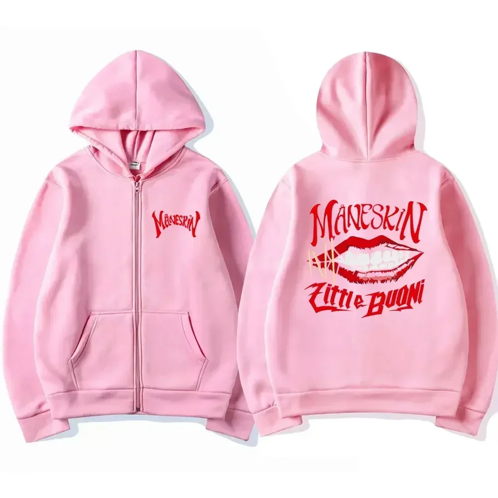 Men and Women\'s Maneskin Mouth Zipper Hoodies, Oversized Casual Cardigan, Zip Up Hoodie, Retro Streetwear Coats, Rock Band