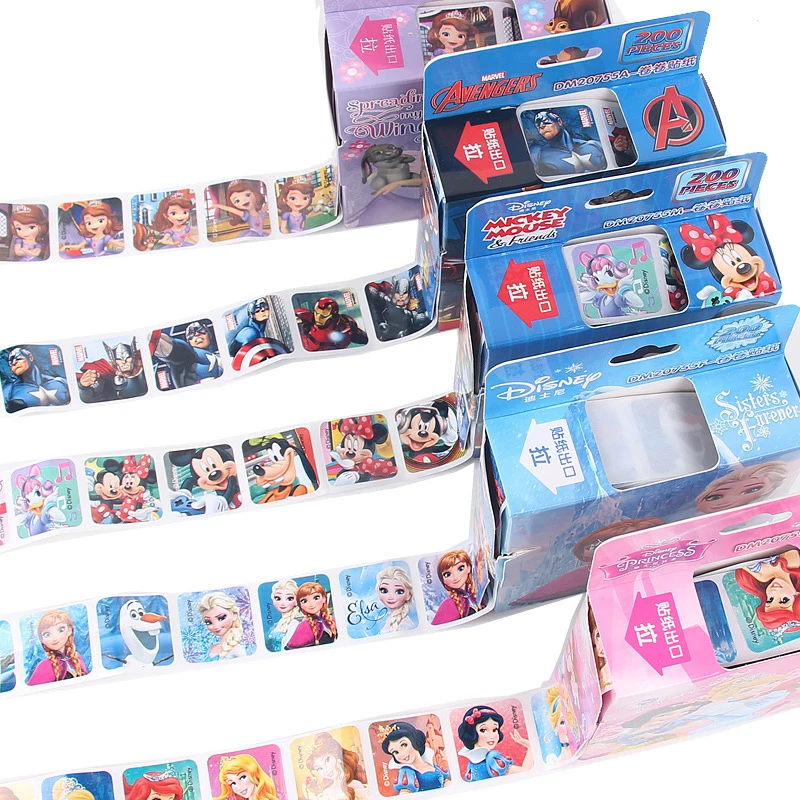 200Pcs/Box Reflective Disney Stickers Removable Anime Frozen Mickey Sofia Princess Marvel Roll Sticker Kids Toys Birthday Gifts