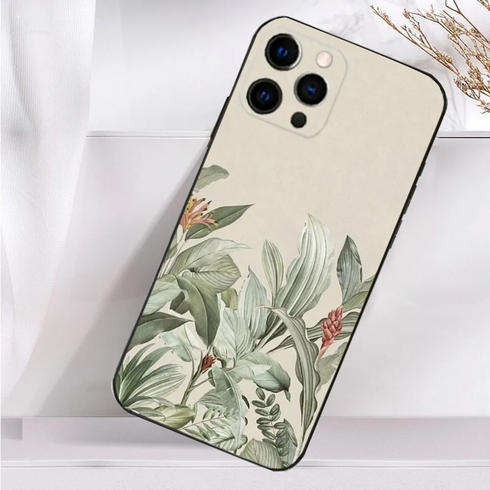 Custodia per telefono botanica con pittura artistica per iPhone 16,15,14,13,12,11 Plus,Pro Max, XS, X, XR, SE, Mini, 8,7 Cover morbida in silicone nero