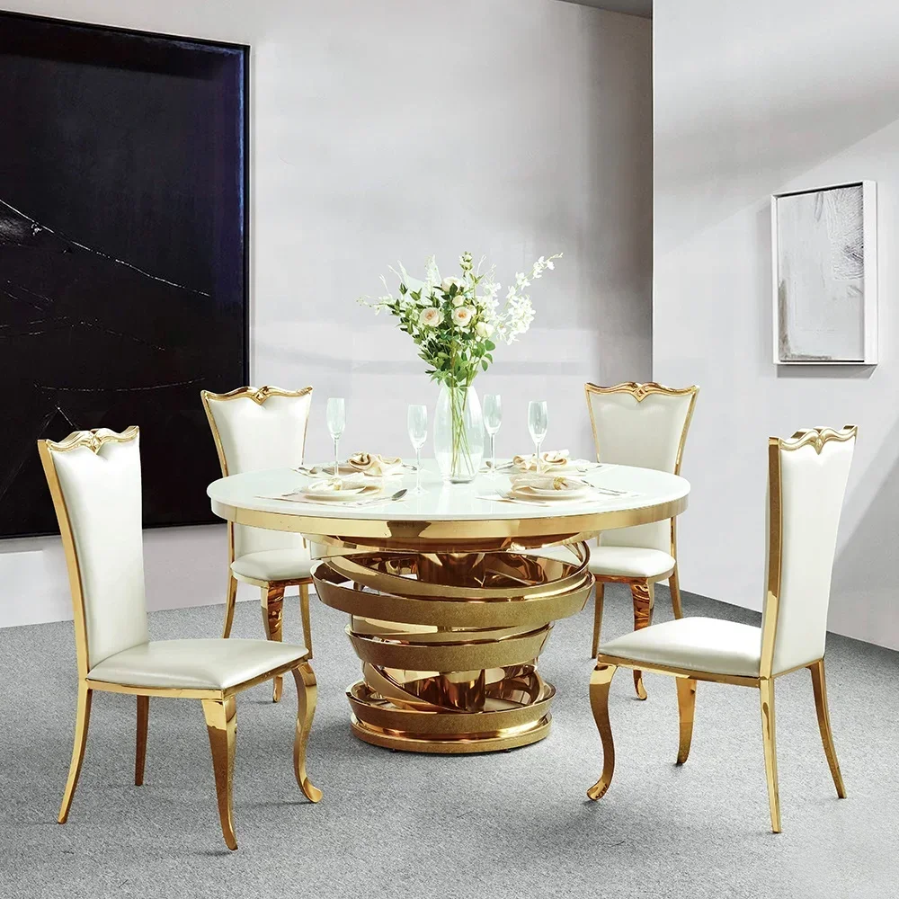 Round Dining Room Table Gold Color Furnitures Luxury Modern Stainless Steel Brushed Furniture