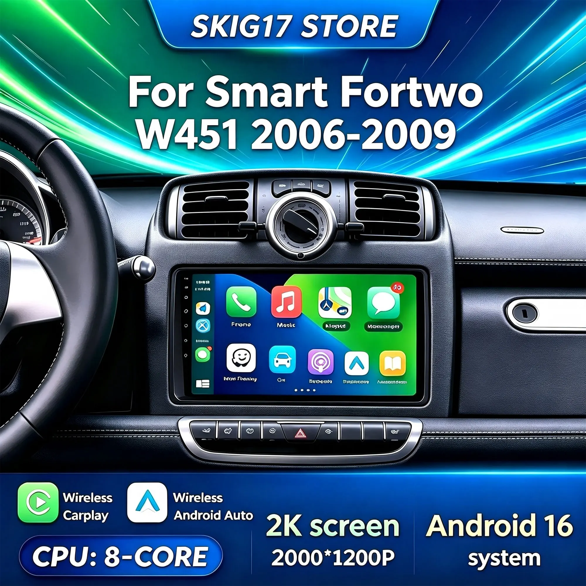 9 Inch Android 16 Car Radio For Mercedes Benz Smart Fortwo 451 2006-2009 BT Carplay Navigation 2K QLED Multimedia Unit