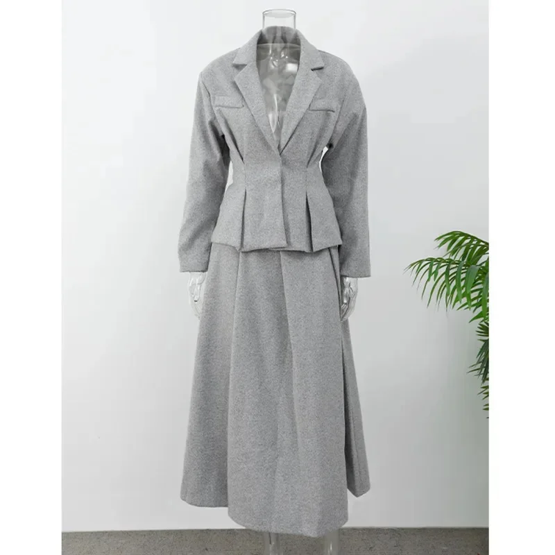 Fashion Solid Pleated Skirt Suit Women Elegant Stand Collar Full Sleeve Coat Loose Pleated Long Skirts Set 2024 Fall Lady Outfit