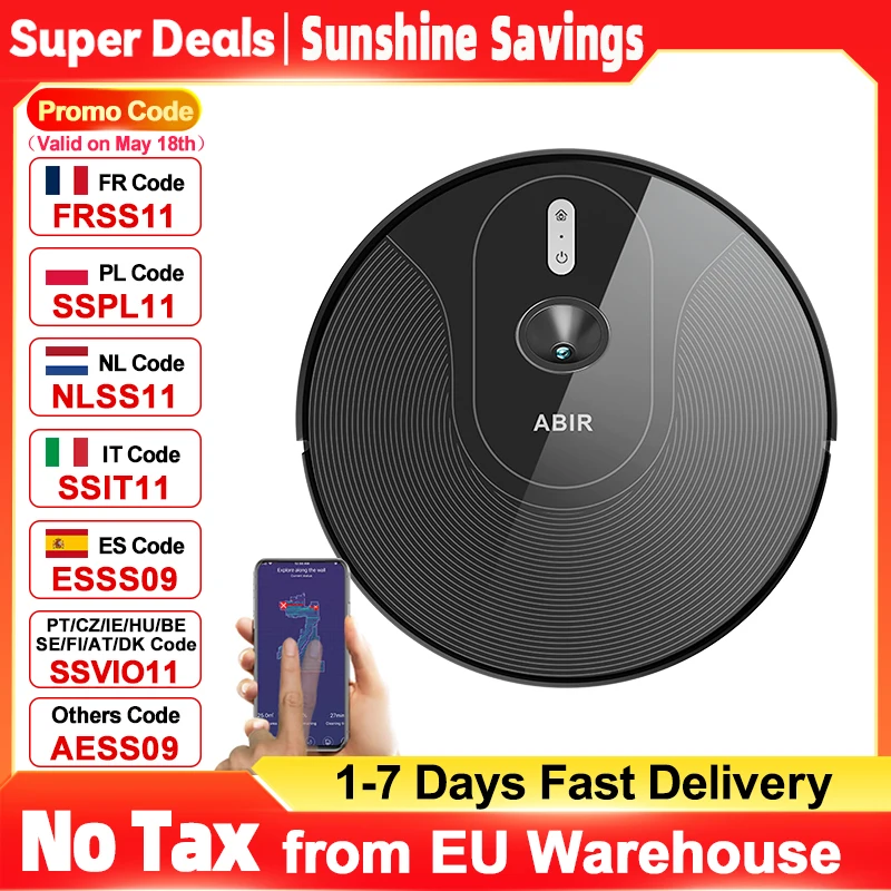 Aspirateur robot ABIR X6PRO avec système oculaire intelligent, aspiration 6000pa, mur virtuel logiciel, nettoyage de zone, désinfection par nettoyage humide, mémoire de carte, compatible avec Alexa,