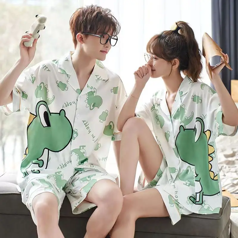 Couple Lovers Pajamas Set for Men Woman Cartoon Summer Thin Pyjama Dinosaur Sleepwear Ice Silk Matching Roomwear Home Clothes