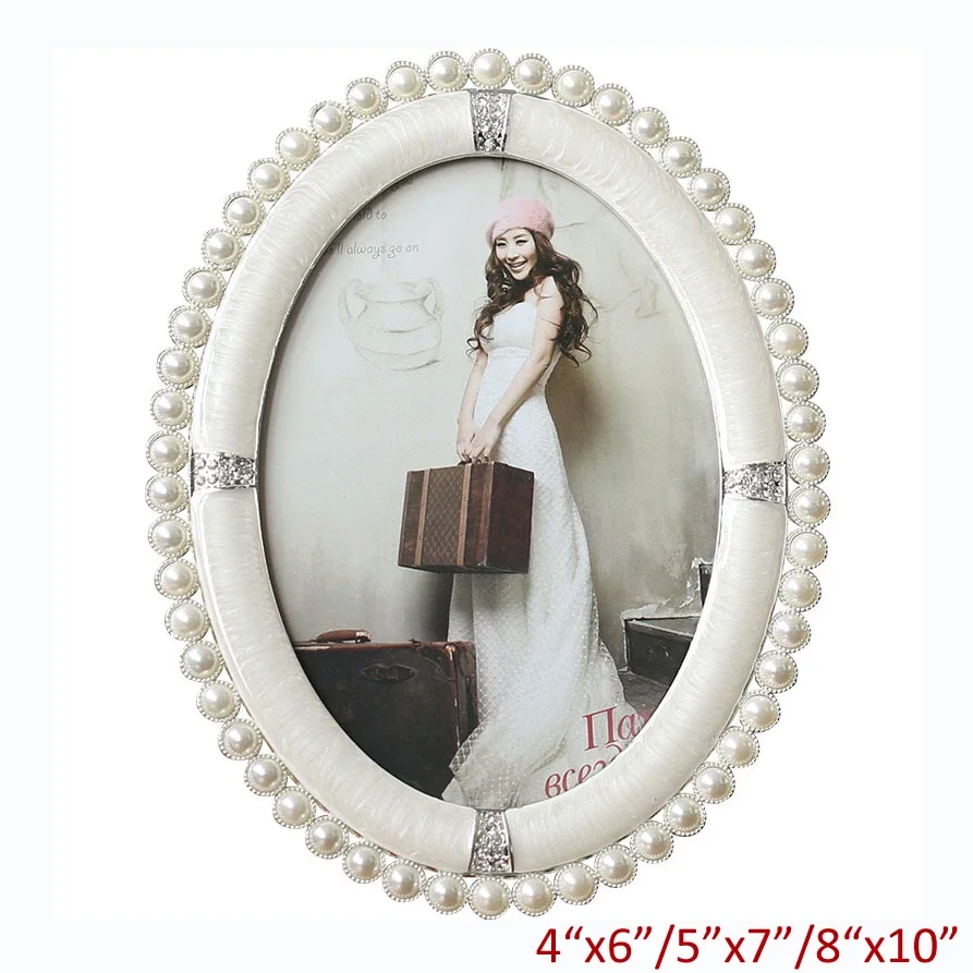 European Vintage Oval Shiny Silver With Pearl White Enameled and Clear Rhinestones Jeweled 4x6,5x7,8x10 inches Metal Photo Frame