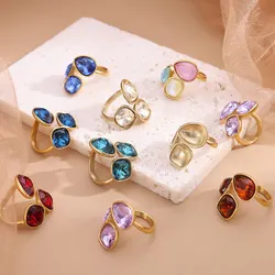 Simple Fashion Jewelry Open Rings 18K Gold Plated Stainless Steel Multi-Color Crystal Ring For Women Jewelry
