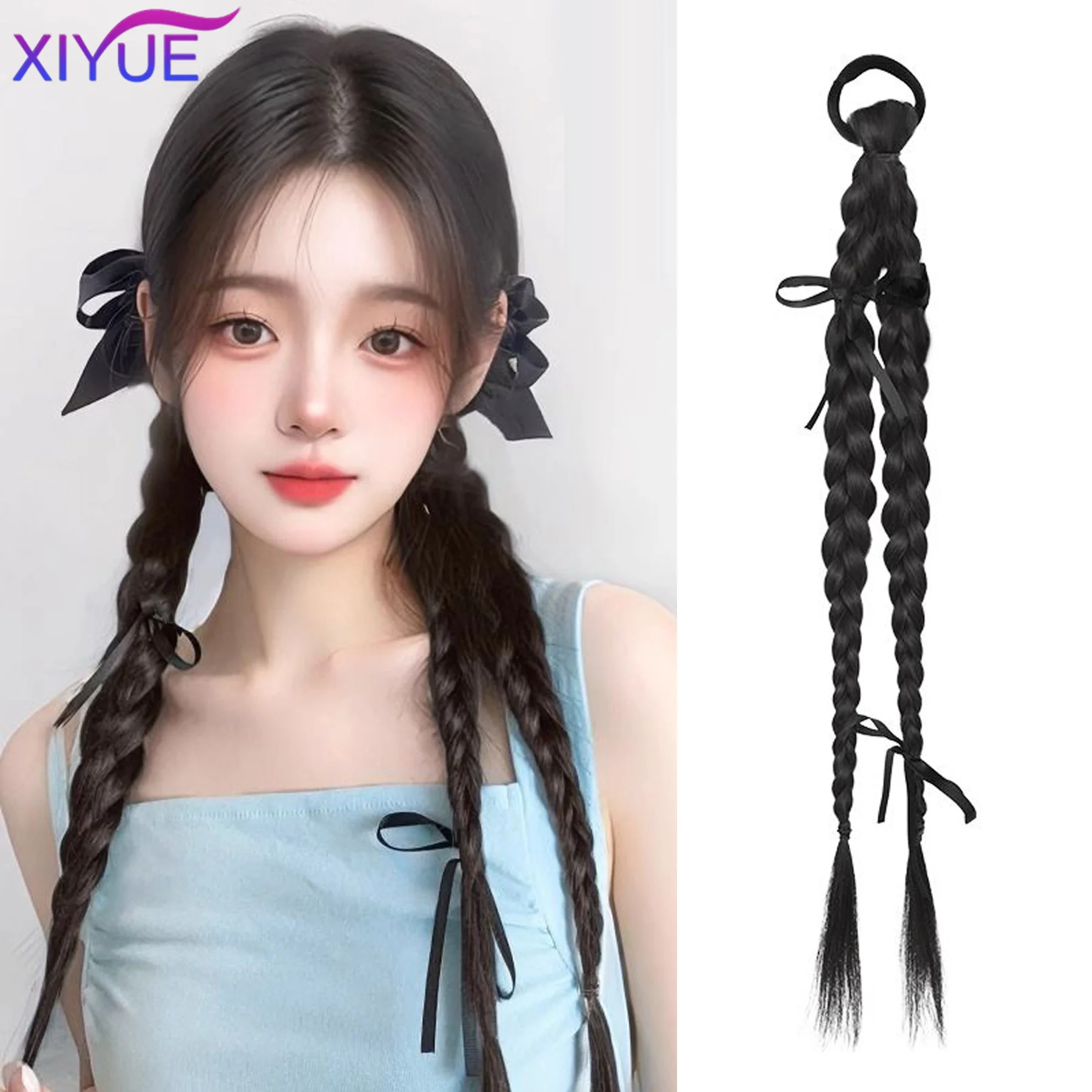 

XIYUE Synthetic Wig Ponytail Female Y2K New Chinese Style Millennium Hot Girl Bow Boxing Double Ponytail Twist Braid Wig