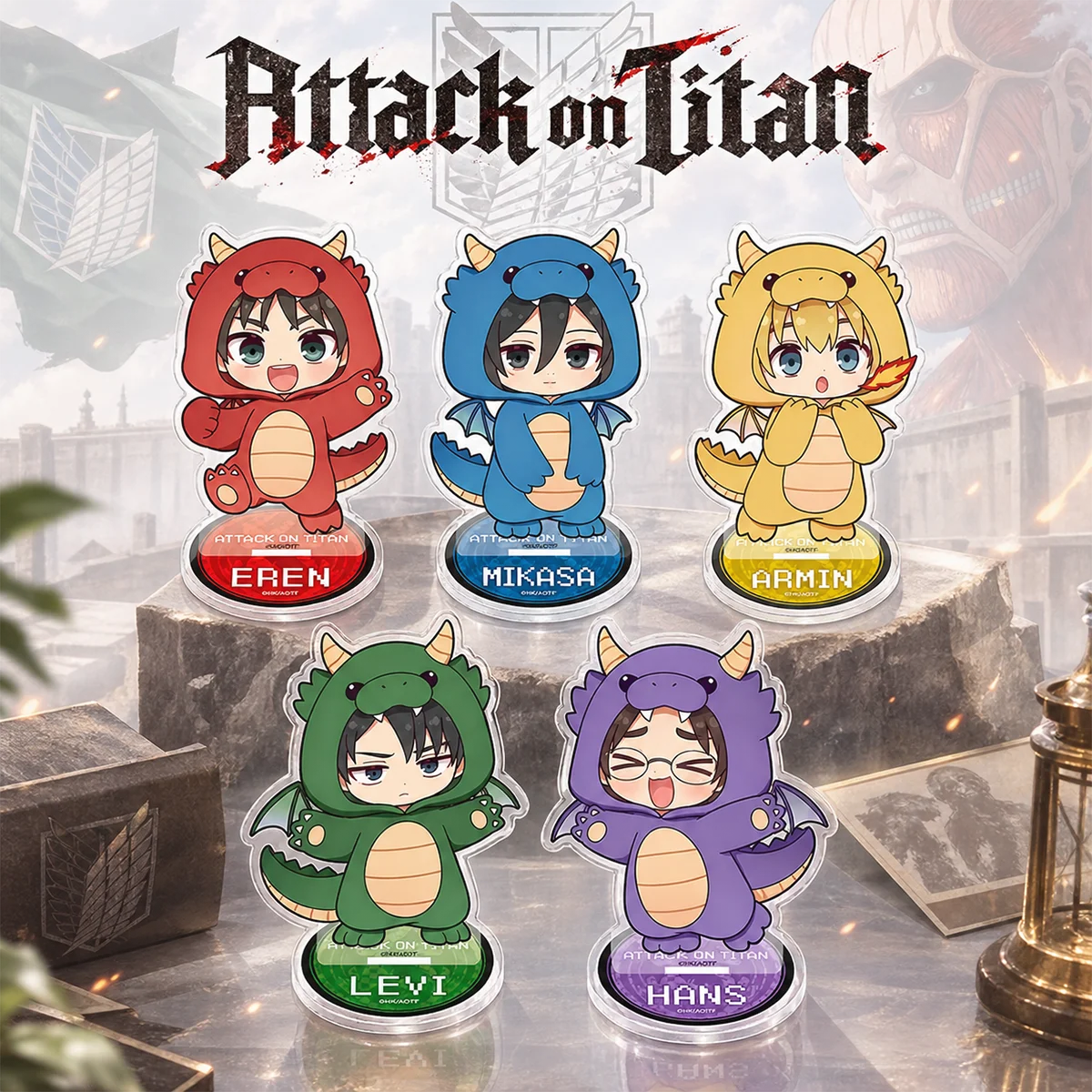Anime Attack On Titan Dinosaur Q Version 10Cm Acrylic Stand Set, Eren, Halloween Gift, Desktop Collectible Keychain