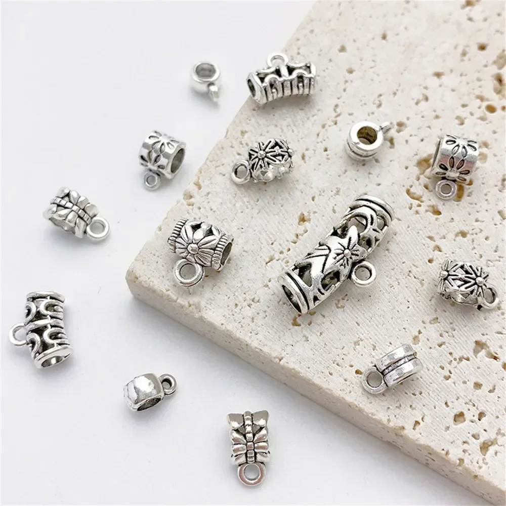 Manik-manik Logam Perak Tibet Retro Model Tee Connection, Manik-manik Lepas untuk DIY Gelang Kalung, Bahan Perhiasan, Aksesoris