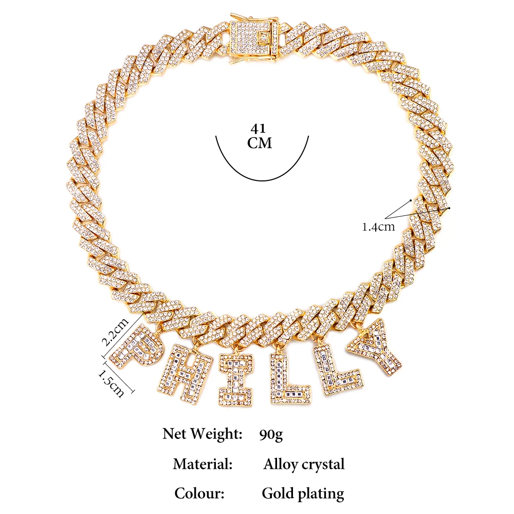 Custom Name Miami Cuban Link Chain Letter Necklace for Women Full Rhinestone Baguette Alphabe Necklace Hip Hop Birthday Jewelry